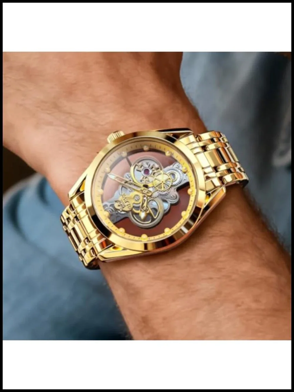 Men's Skeleton Quartz Analog Watch Stainless Steel Waterproof Luminous